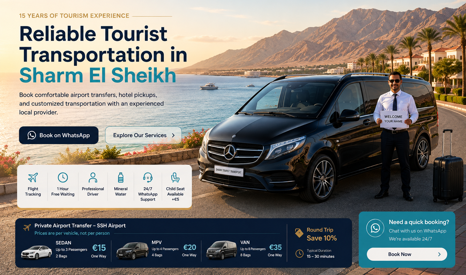 Reliable tourist transportation in Sharm El Sheikh with 15 years of experience — private black Mercedes transfer van and professional driver holding a welcome sign by the Red Sea, offering airport transfers from €15 with flight tracking, one hour free waiting, and 24/7 WhatsApp support